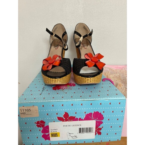 POETIC LICENSE London Quirky black gingham straw peep toe ankle strap heels 8.5M - Picture 1 of 7